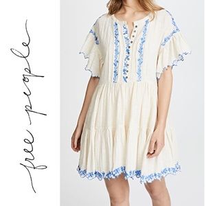 Free People Linen Dress w/ Blue Embroidery XS